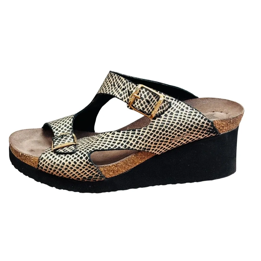 Mephisto Women Black Gold Snakeskin Leather Wedge Sandals Cork Footbed Size 39